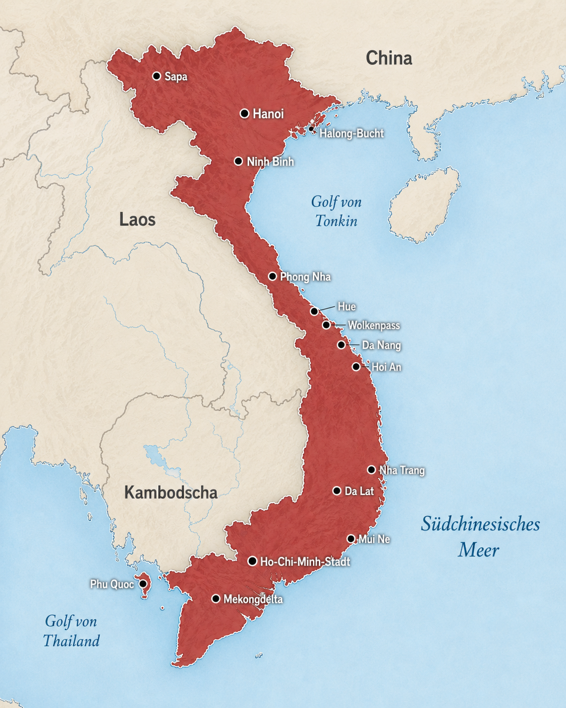 Landkarte Vietnam mit Reisezielen